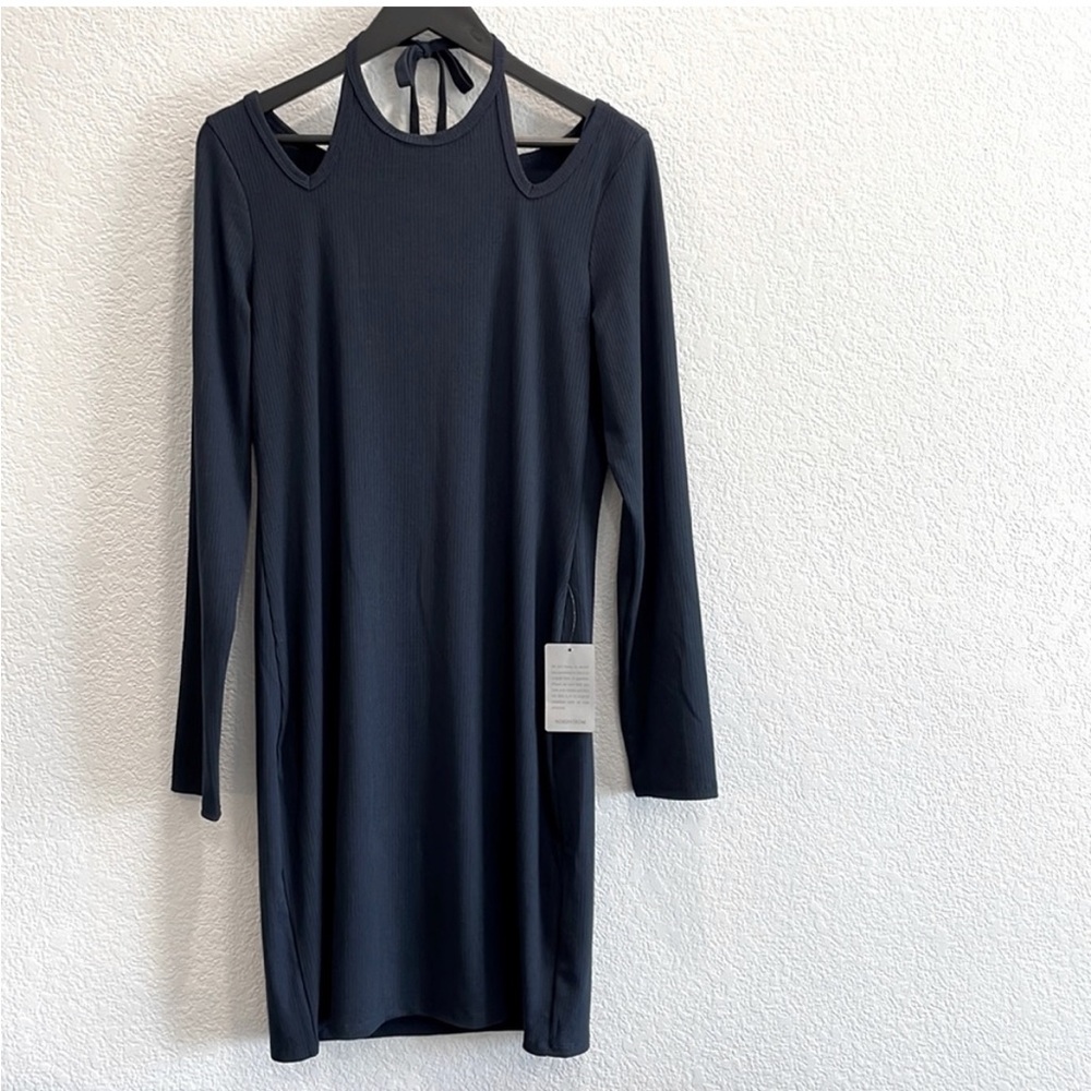 NEW Dual Nature Navy Long Sleeve Halter Dress with Cold Shoulders Size Large